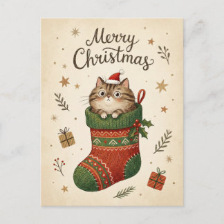 Cartão Postal Christmas Cat in Stocking