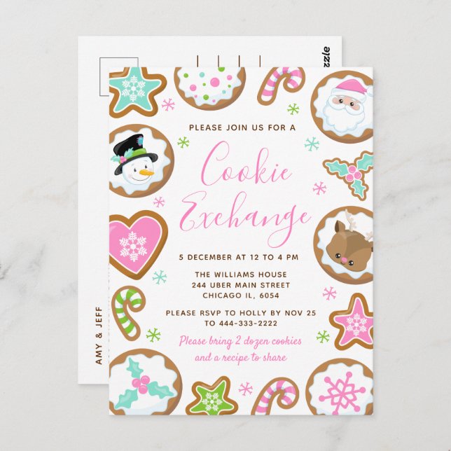 Cartão Postal Christmas Cookie Exchange Pink and Green (Frente/Verso)