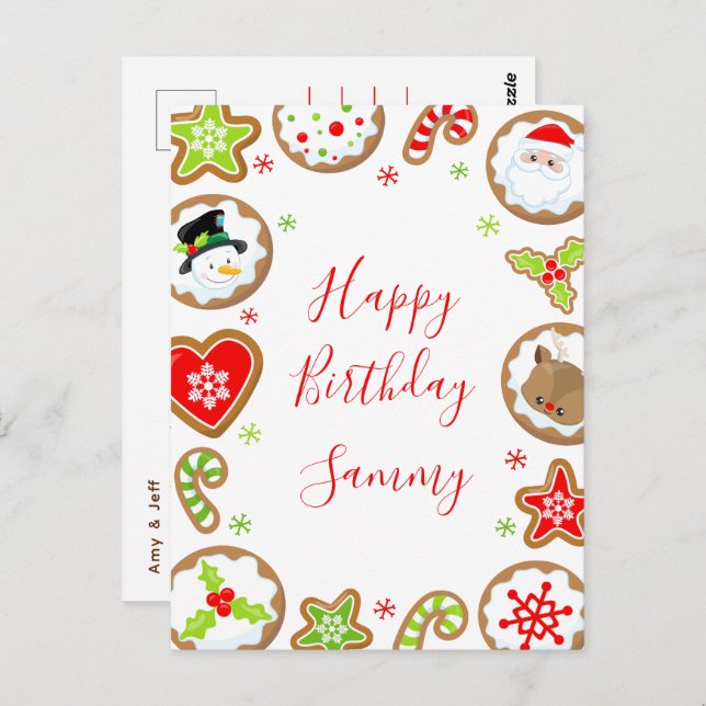 Cartão Postal Christmas Cookies Red and Green Happy Birthday (Frente/Verso)