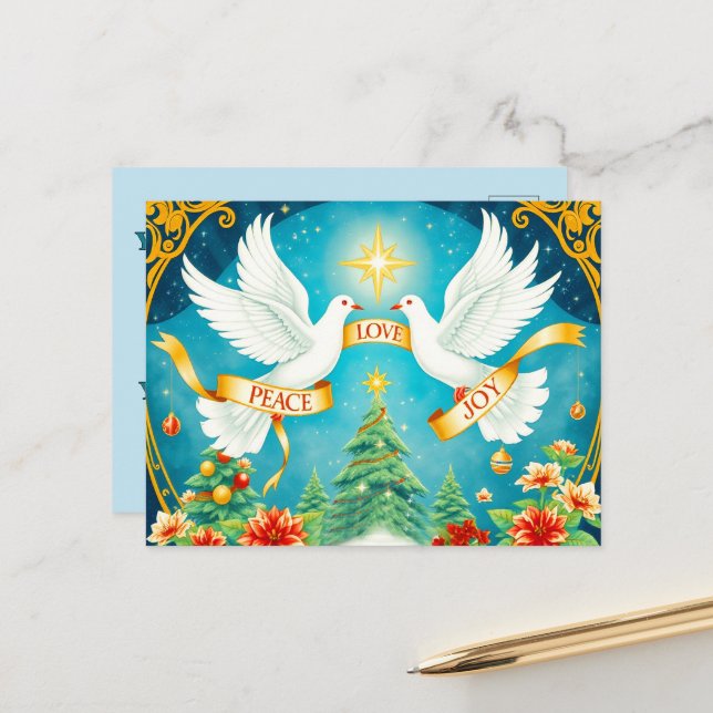 Cartão Postal Christmas Doves, Christmas Tree, Love,Peace, Joy (Frente/Verso In Situ)
