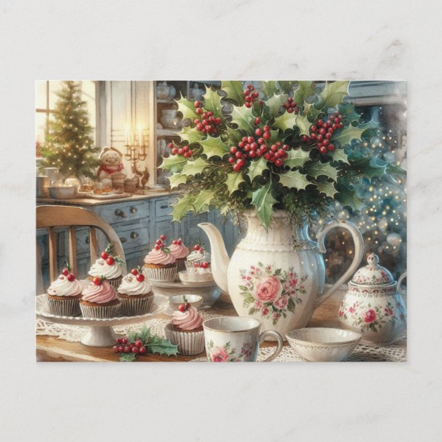 Cartão Postal Christmas Farmhouse Tea Party Postcard (Frente)