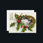 Cartão Postal Christmas Greetings Vintage Kitty Card<br><div class="desc">Vintage victorian black and white kitten surrounded by holly and berries post card</div>