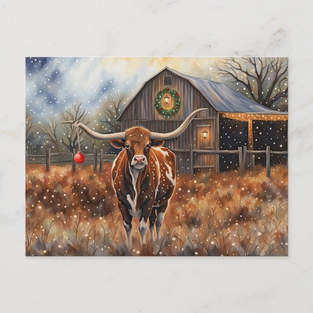 Cartão Postal Christmas Holidays Longhorn Cow Cute Country (Frente)