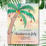 Cartão Postal Christmas in July Party Invitation<br><div class="desc">Invite family and friends to your Christmas in July Party with these fun festive invitations.
They feature a hand painted decorated palm tree on a watercolor background.
Customize these party invitations with our details.
Original Watercolor © Michele Davies.</div>