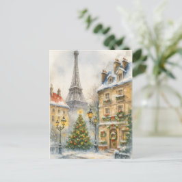 Cartão Postal Christmas in Paris Watercolor Eiffel Tower Scene