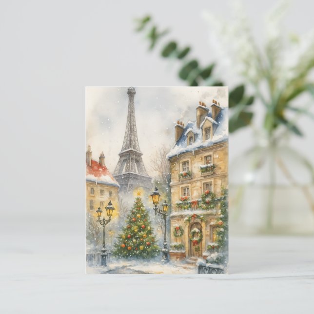 Cartão Postal Christmas in Paris Watercolor Eiffel Tower Scene (Em pé/Frente)