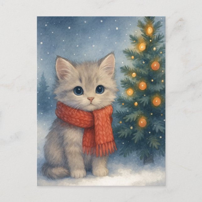 Cartão Postal Christmas Kitten Postcard Cute Cat in Red Scarf  (Frente)
