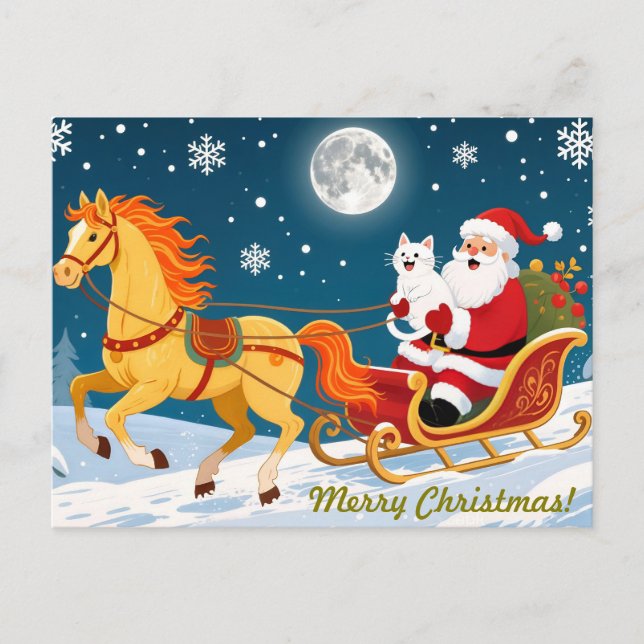 Cartão Postal Christmas, New Year, Red Horse, Santa & White Cat (Frente)