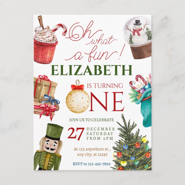 Cartão Postal Christmas Oh What Fun First Birthday (Frente)