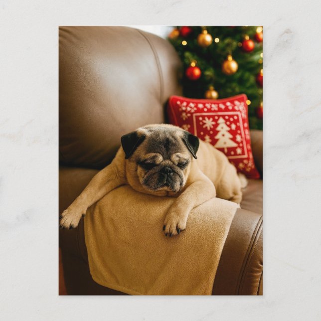 Cartão Postal Christmas Pug Postcard Cozy Holiday Evening (Frente)