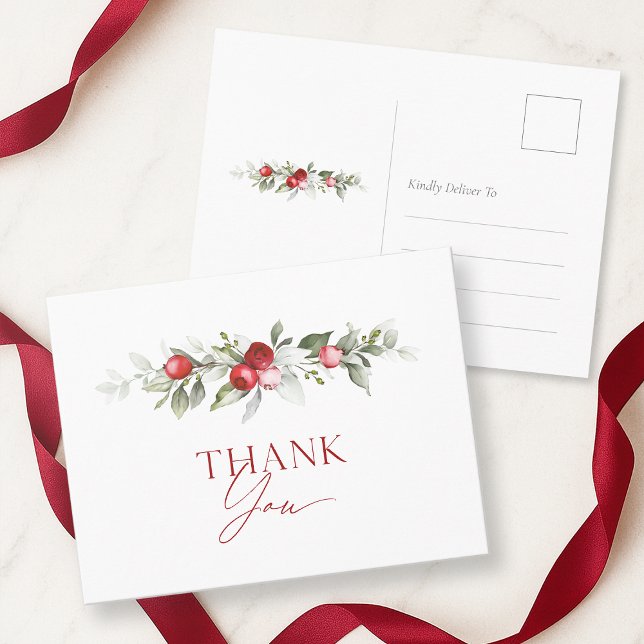 Cartão Postal Christmas Red Berry Thank You Card (Criador carregado)