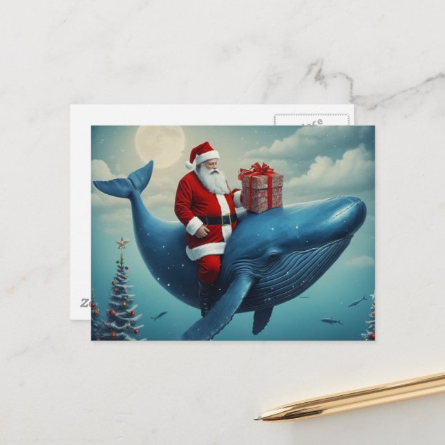 Cartão Postal Christmas Santa and Whale Surreal (Frente/Verso In Situ)