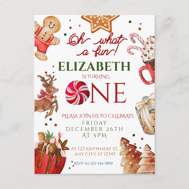 Cartão Postal Christmas Santa Reindeer what a fun 1st Birthday (Frente)