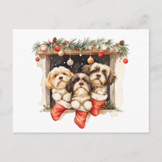 Cartão Postal Christmas Shih Tzu Dogs (Frente)