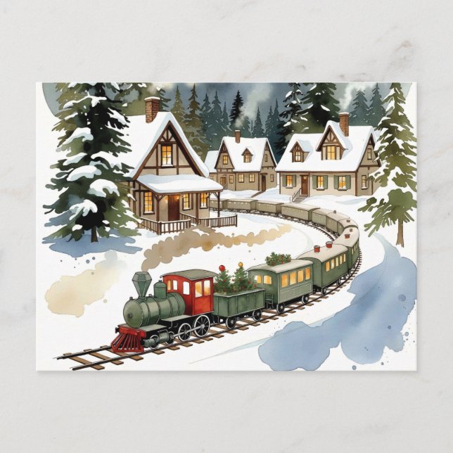 Cartão Postal Christmas Train Around Cozy Chalet Village (Frente)