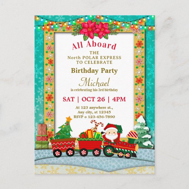 Cartão Postal Christmas Train Birthday - All Aboard Kids Party (Frente)