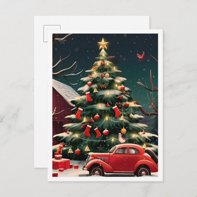 Cartão Postal Christmas Tree and Vintage Car (Frente/Verso)