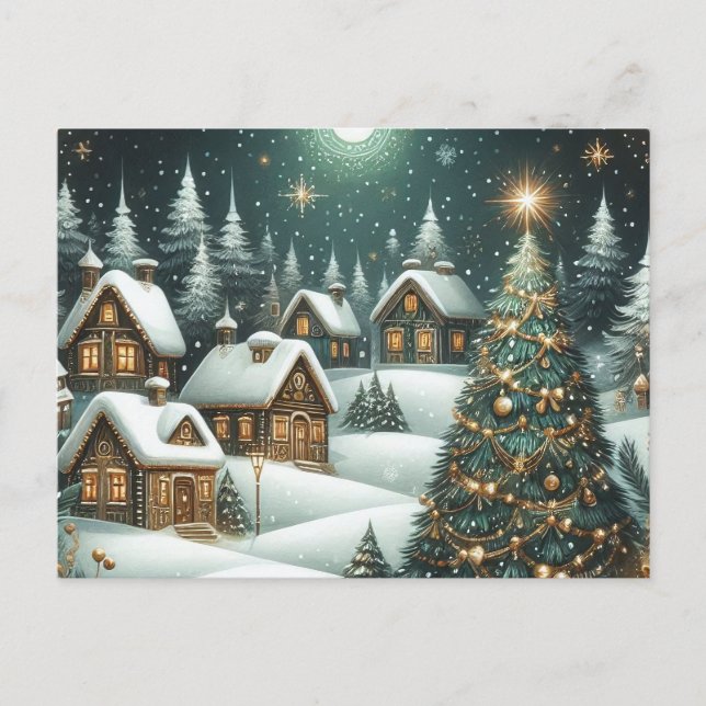 Cartão Postal Christmas winter scene village & starry night (Frente)
