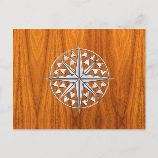 Cartão Postal Chrome Like Nautical Compass Star on Teak Veneer (Frente)
