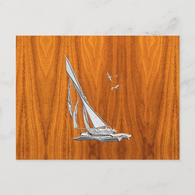 Cartão Postal Chrome Regatta Sailboat no Teak Veneers Styles (Frente)