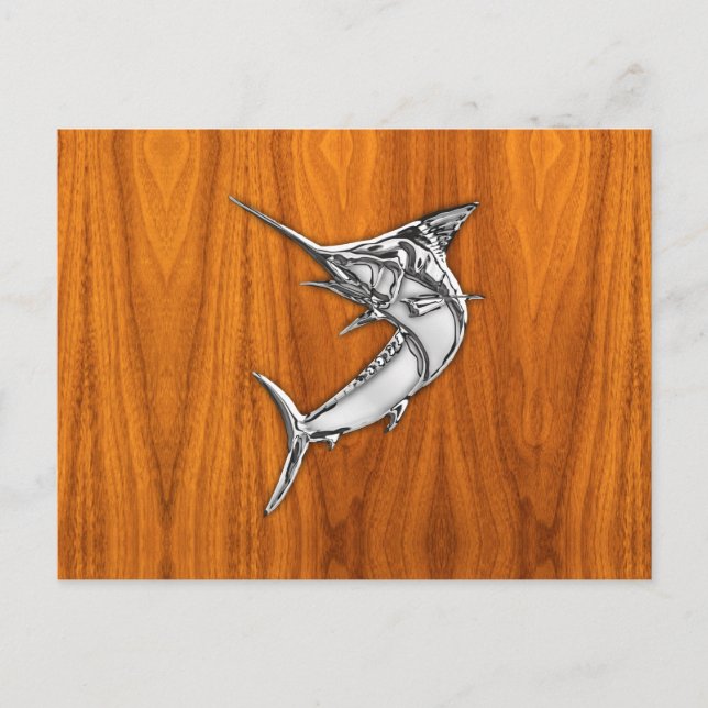 Cartão Postal Chrome Style Marlin on Teak Wood Decor (Frente)