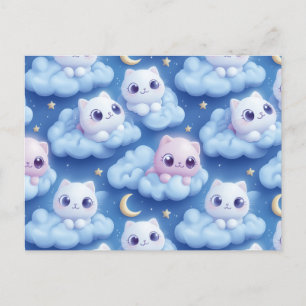 Cartão Postal "Chubby Kawaii Cats and Clouds 3D Padrão Invisível