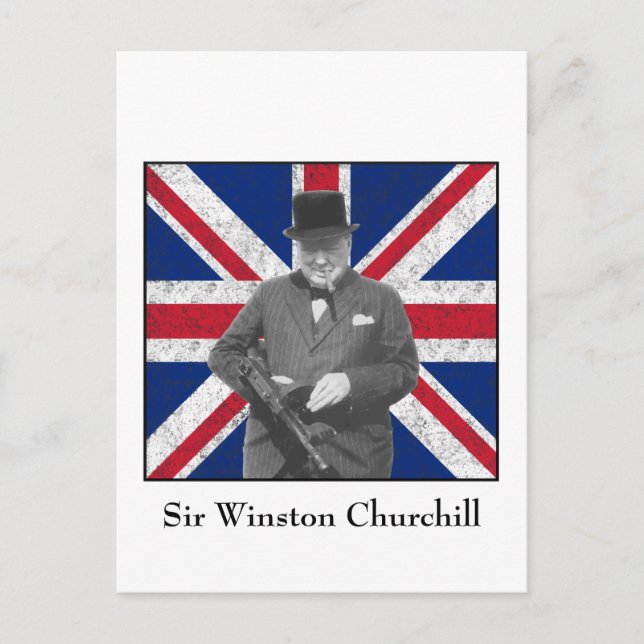 Cartão Postal Churchill que levanta com a bandeira britânica (Frente)