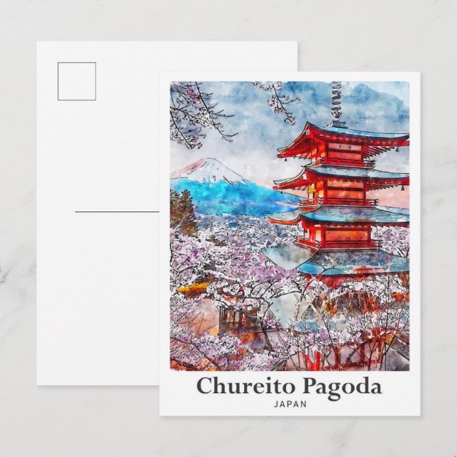 Cartão Postal Chureito Pagoda Japão Viagem Watercolor - Desenhad (Frente/Verso)