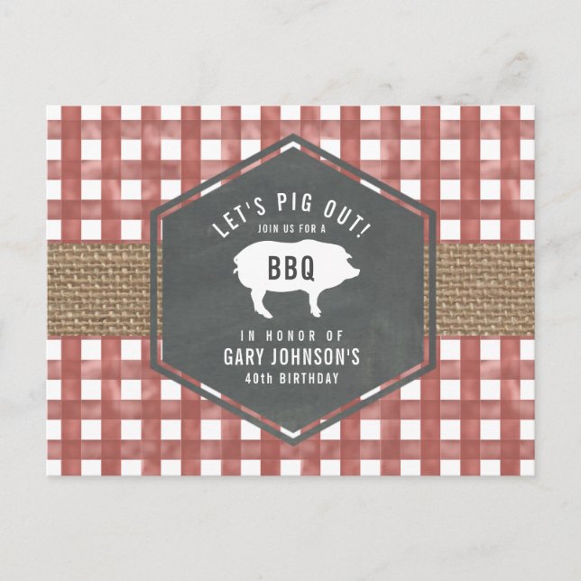 Cartão Postal Churrasco de Aniversário do Red Gingham Pig Burlap (Frente)