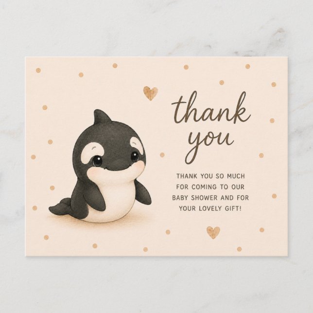 Cartão Postal Chuva de Bebê Baleia Orca Bebê Obrigado (Frente)
