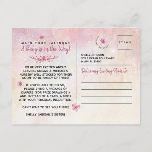 Cartão Postal Chuva de Bebê Menina Rosa Elegante Aquarela