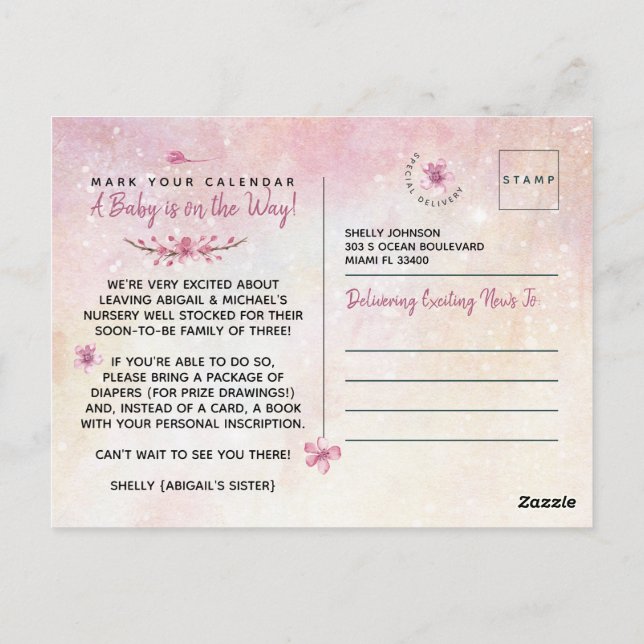 Cartão Postal Chuva de Bebê Menina Rosa Elegante Aquarela (Verso)