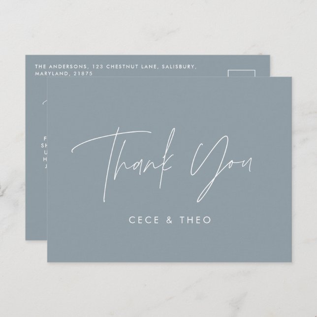 Cartão Postal Chuva de bebê obrigado azul elegante moderno (Frente/Verso)