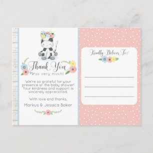 Cartão Postal Chuva de Bebê Vaca Linda Bezerro Floral Agradecime