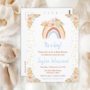 Cartão Postal Chuva de Boho Azul Baby Shower