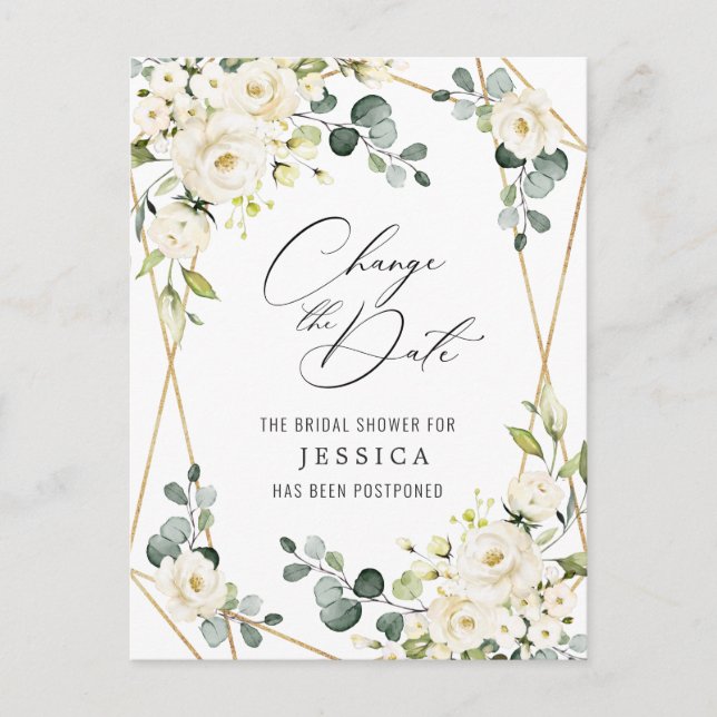 Cartão Postal Chuva de Noiva Data Adiada Rosas Brancas Elegantes (Frente)