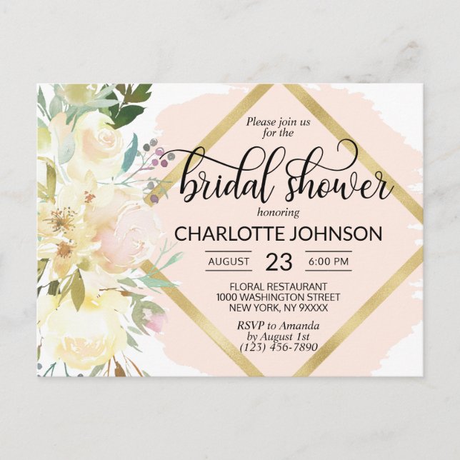 Cartão Postal Chuva de Noiva em Aquarela Elegante com Flores Ros (Frente)