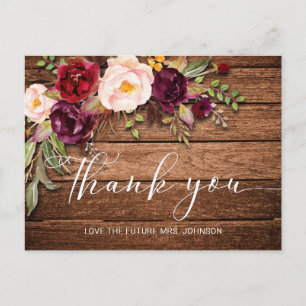 Cartão Postal Chuva de Noiva Floral em Madeira Burgundy Agradeci