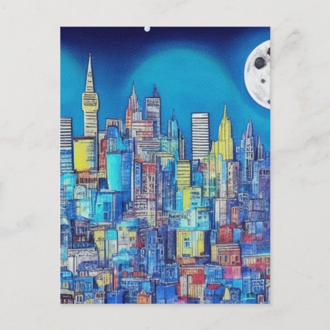 Cartão Postal cidade à noite A.I. trabalha só para você. (Frente)