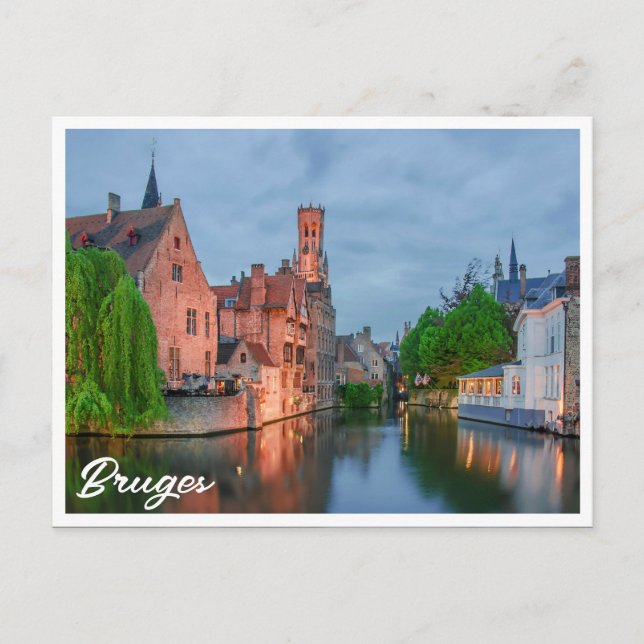 Cartão Postal Cidade antiga e torre de Belfry à noite em Bruges (Frente)