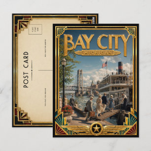 Cartão Postal Cidade de Bay City Michigan Arte Deco Vintage Era