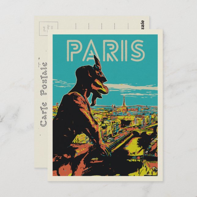 Cartão Postal Cidade de Paris, França, vista com gargoyle (Frente/Verso)