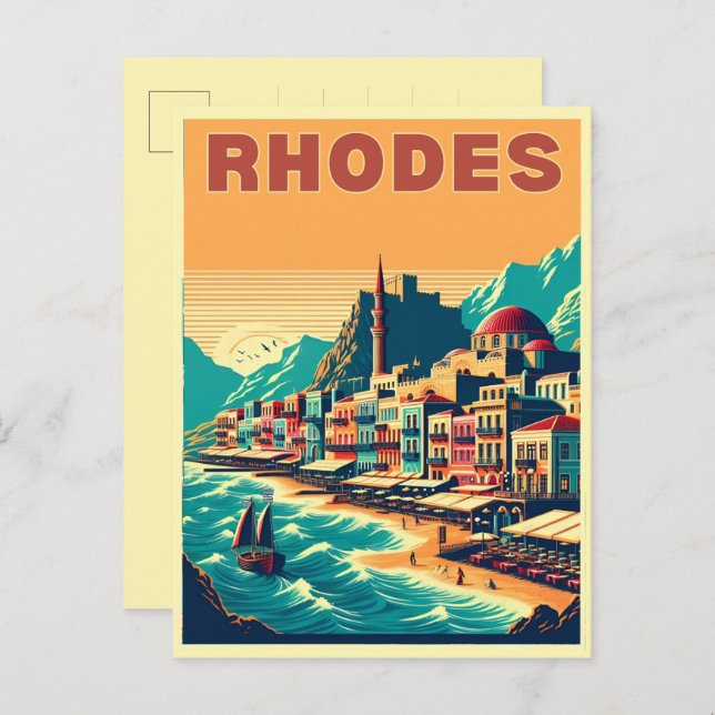 Cartão Postal Cidade de Retro Rhodes - presentes de viagem de Gr (Frente/Verso)