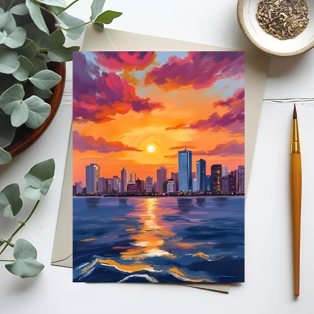 Cartão Postal Cidade Skyline Sunset Watercolor (Criador carregado)