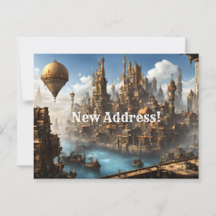 Cartão Postal Cidade Steampunk com Novo Endereço do Balão
