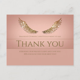 Cartão Postal Cílios Asas Brilho Dourado Obrigado Desconto Rosa