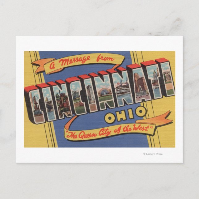 Cartão Postal Cincinnati, Ohio - Cenas com Letras Grandes (Frente)
