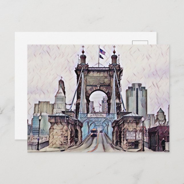 Cartão Postal Cincinnati Roebling Suspensão Bridge Watercolor (Frente/Verso)
