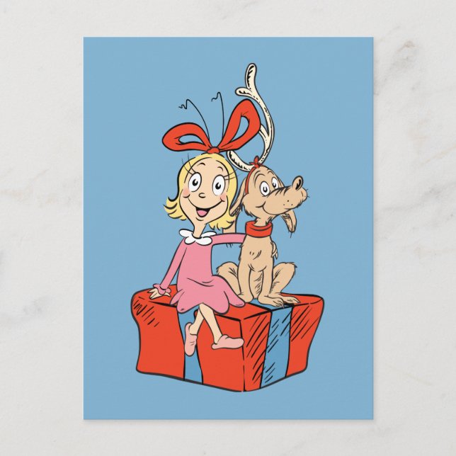 Cartão Postal Cindy Lou Who e Max em um Presente (Frente)