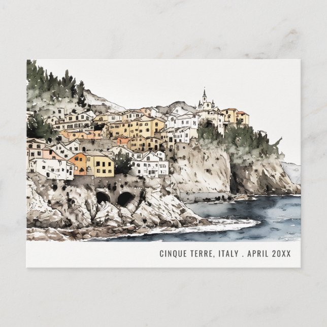 Cartão Postal Cinque Terre, Itália Aquarela Viagem Italiana (Frente)